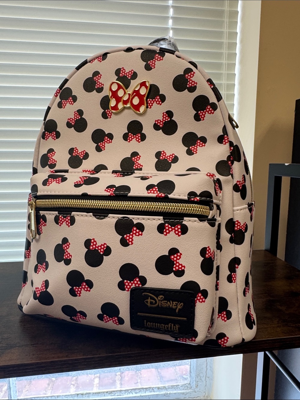 Loungefly Minnie Bow Print Mini Backpack with Gold Bow Accent NWT